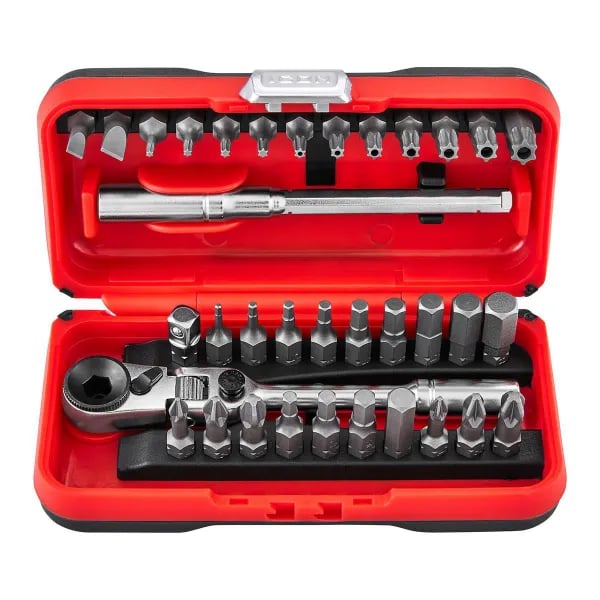 A racthet set in a red box from harbor freight